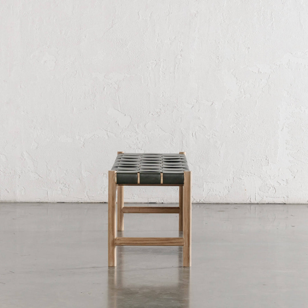 MONTERO WOVEN LEATHER BENCH  |  OLIVE LEATHER HIDE