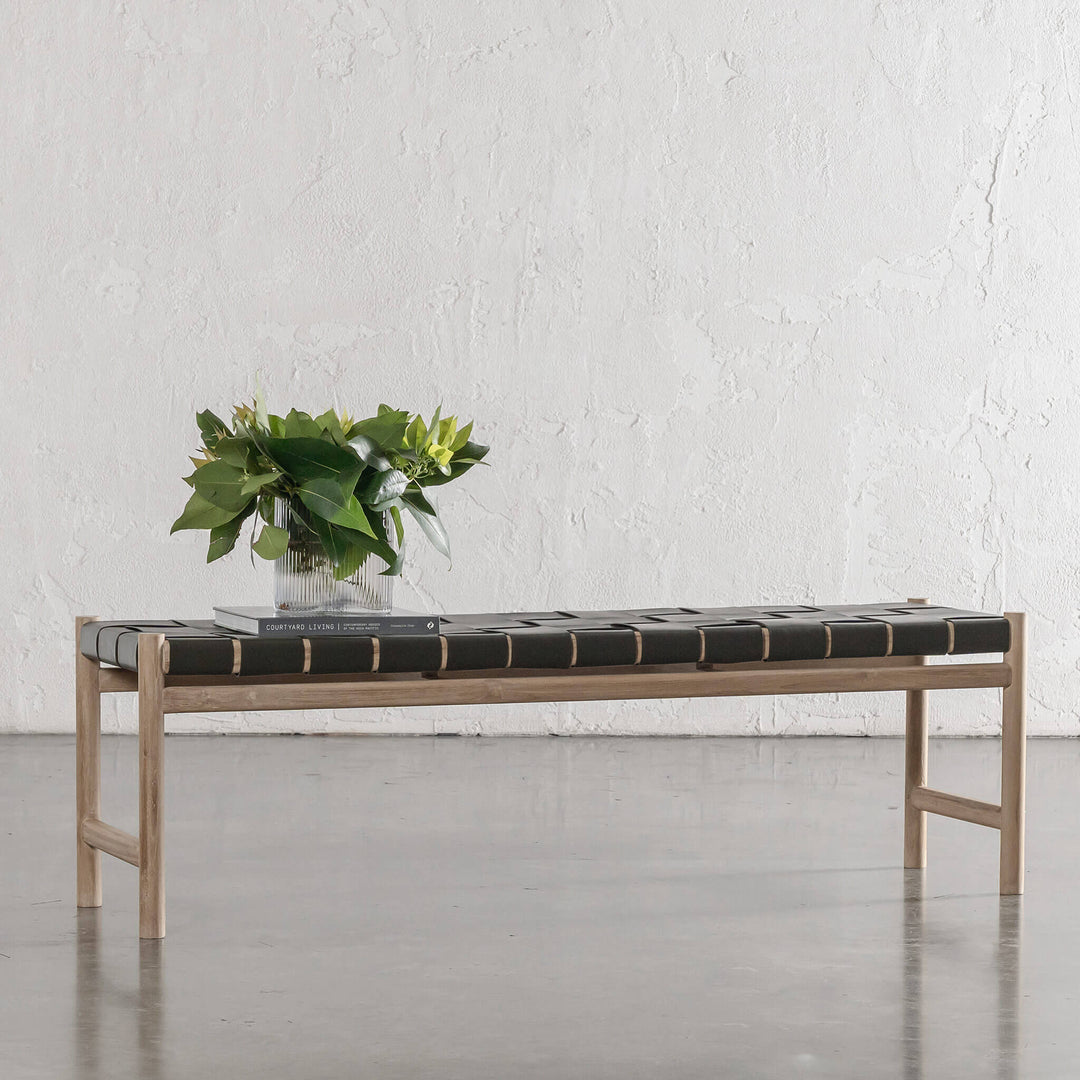 MONTERO WOVEN LEATHER BENCH  |  OLIVE LEATHER HIDE