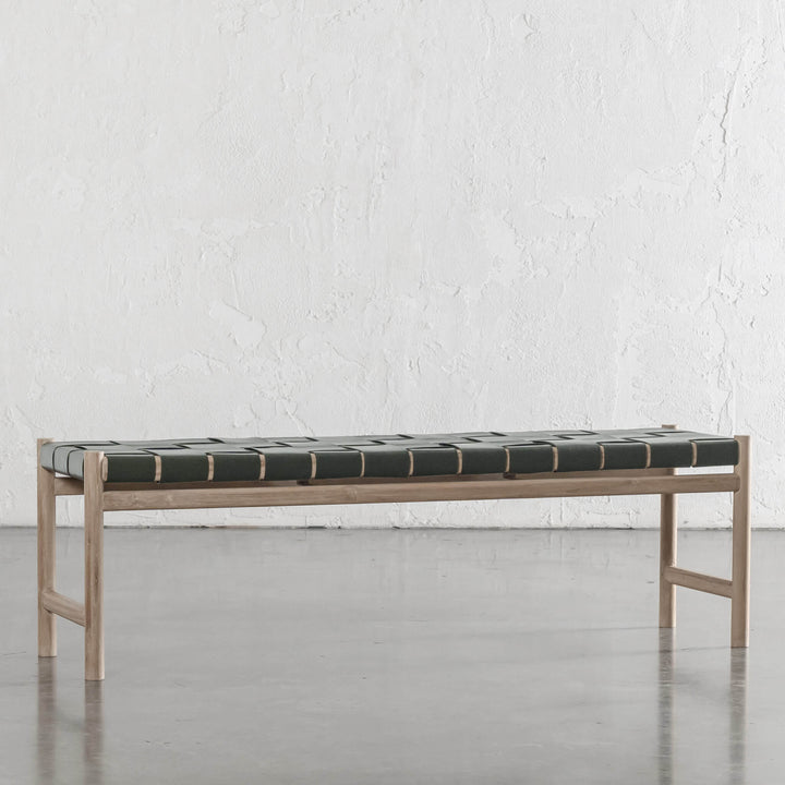 MONTERO WOVEN LEATHER BENCH  |  OLIVE LEATHER HIDE