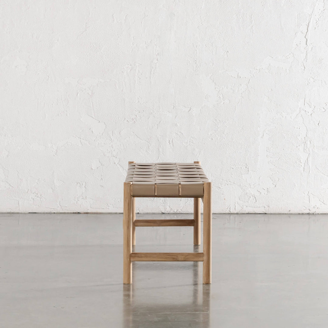 MONTERO WOVEN LEATHER BENCH  |  LIGHT TAUPE LEATHER HIDE