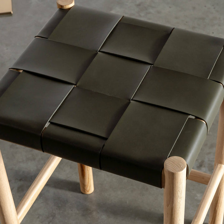MONTERO WOVEN LEATHER COUNTER STOOL  |  OLIVE LEATHER HIDE