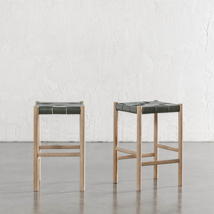 MONTERO WOVEN LEATHER COUNTER STOOL  |  BUNDLE + SAVE  |  OLIVE LEATHER HIDE