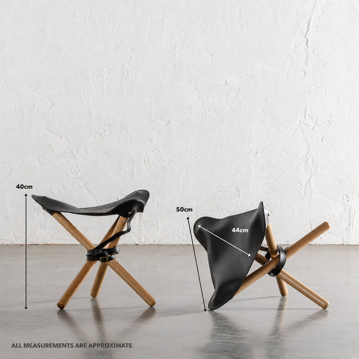 MALAND FOLDUP STOOL  |  NATURAL TEAK + BLACK LEATHER HIDE