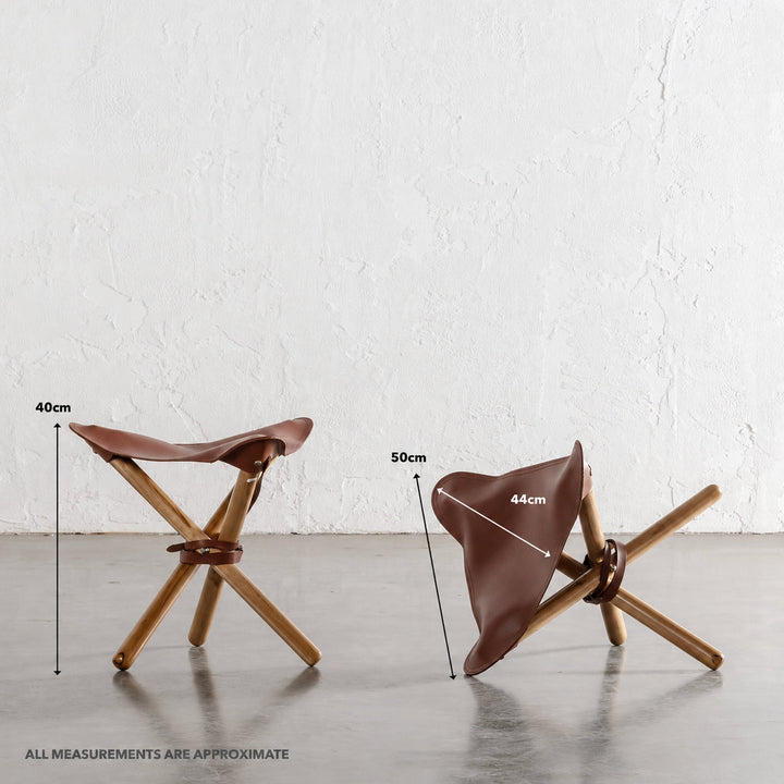MALAND FOLDUP STOOL  |  NATURAL TEAK + TAN LEATHER HIDE