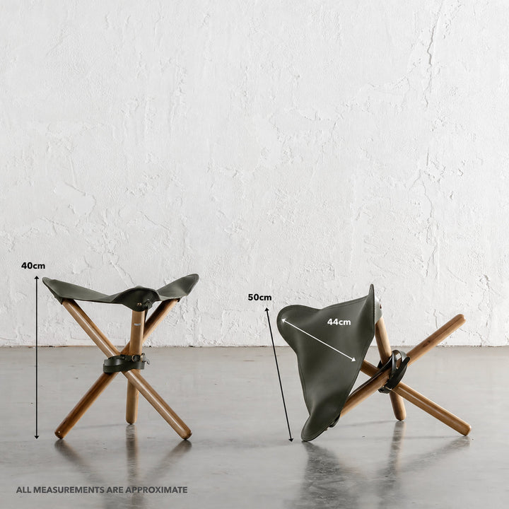 MALAND FOLDUP STOOL  |  NATURAL TEAK + OLIVE LEATHER HIDE