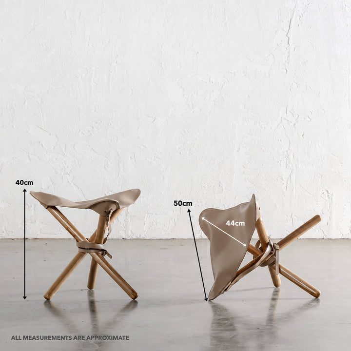 MALAND FOLDUP STOOL  |  NATURAL TEAK + LIGHT TAUPE LEATHER HIDE