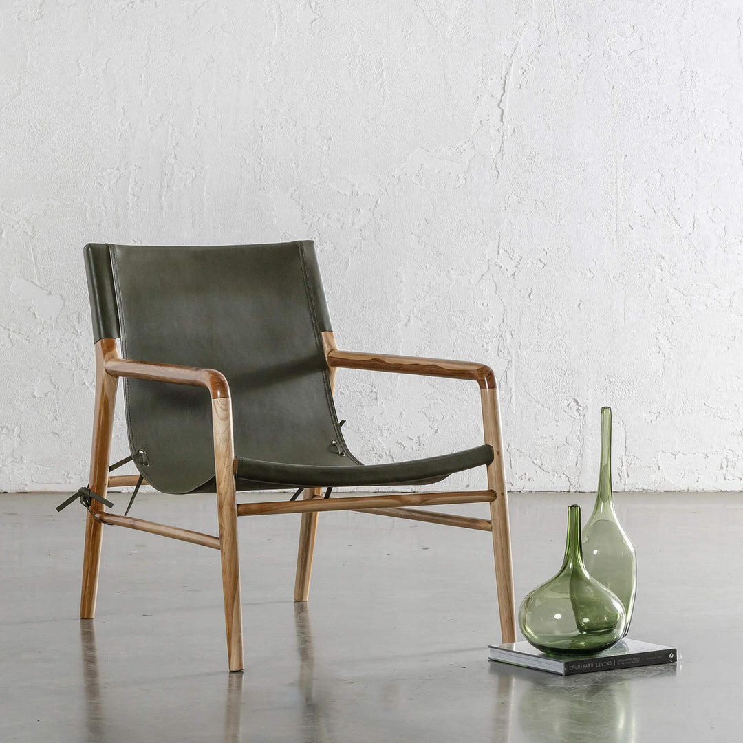 PRE ORDER  |  MALAND SLING LEATHER ARM CHAIR  |  OLIVE GREEN LEATHER