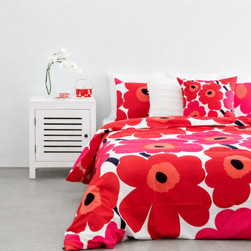 MARIMEKKO BED BUNDLE | UNIKKO DUVET QUILT COVER + 2 PILLOWCASES | RED + PINK
