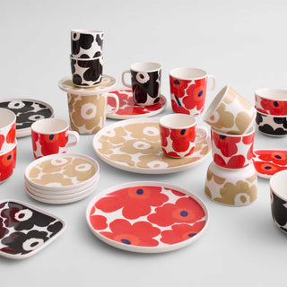 MARIMEKKO  |  UNIKKO COFFEE MUG + PLATE COLLECTION  |  BEIGE + WHITE  |  BLACK + WHITE | RED AND WHITE