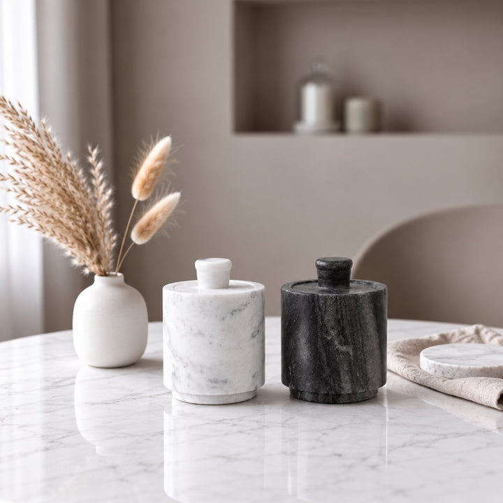 NEO SALT + PEPPER PINCH POTS  |  SET OF 2  |  WHITE + GREY MARBLE