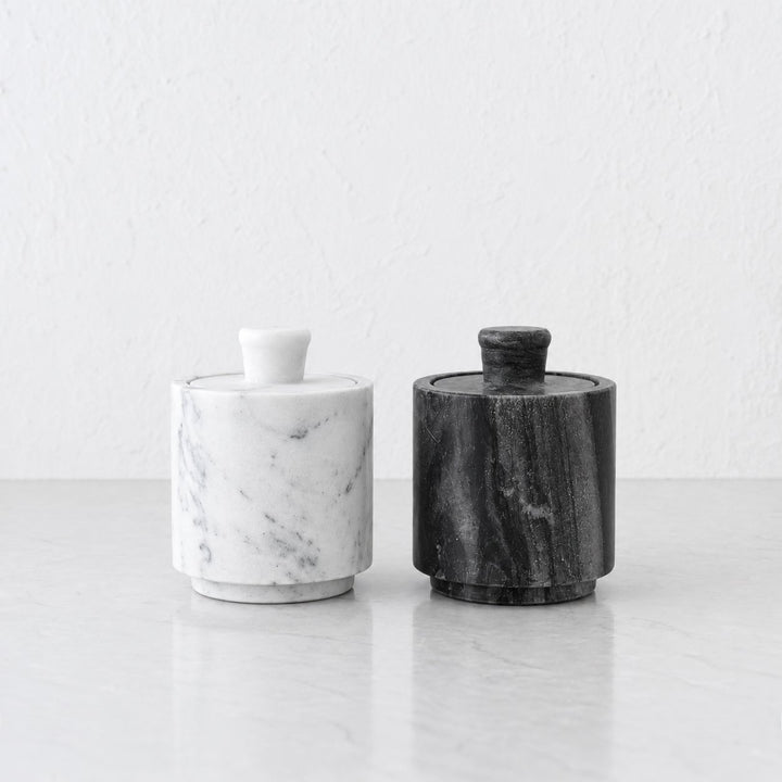 NEO SALT + PEPPER PINCH POTS  |  SET OF 2  |  WHITE + GREY MARBLE