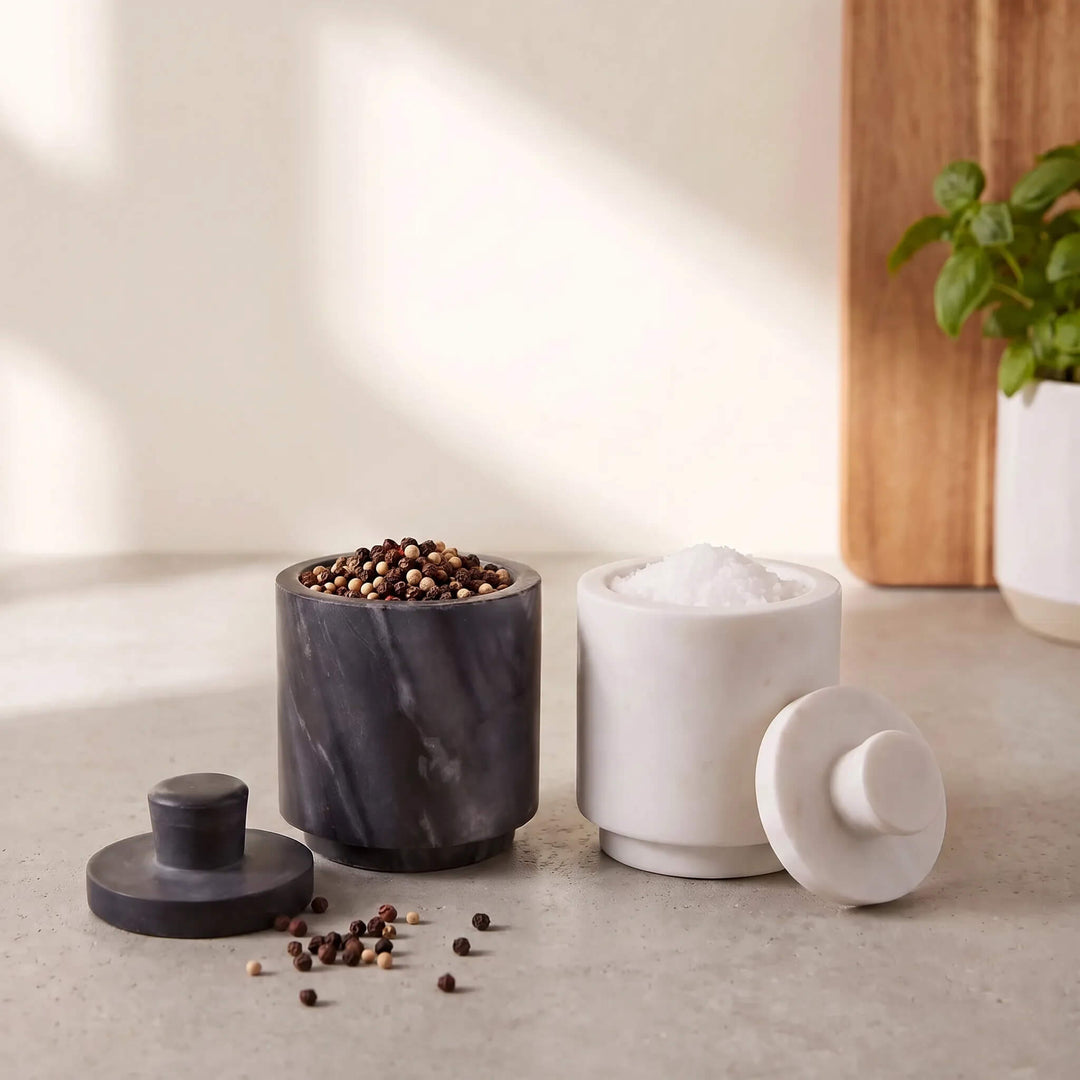 NEO SALT + PEPPER PINCH POTS  |  SET OF 2  |  WHITE + GREY MARBLE