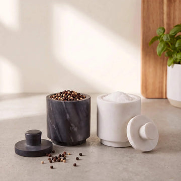 NEO SALT + PEPPER PINCH POTS  |  SET OF 2  |  WHITE + GREY MARBLE