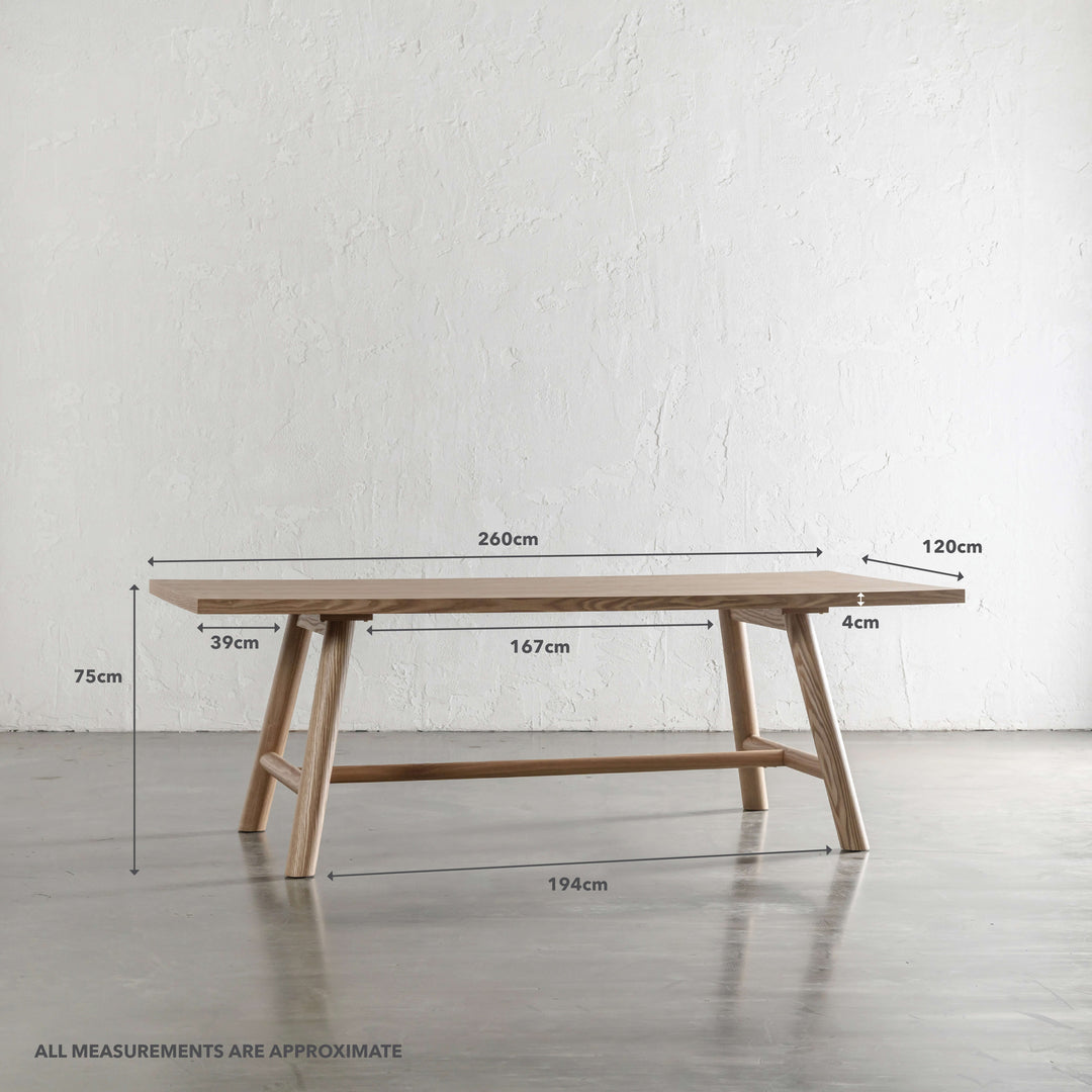 NOMA TRESTLE DINING TABLE  |  BIRCH ASH WOOD GRAIN  |  260CM | MEASUREMENTS