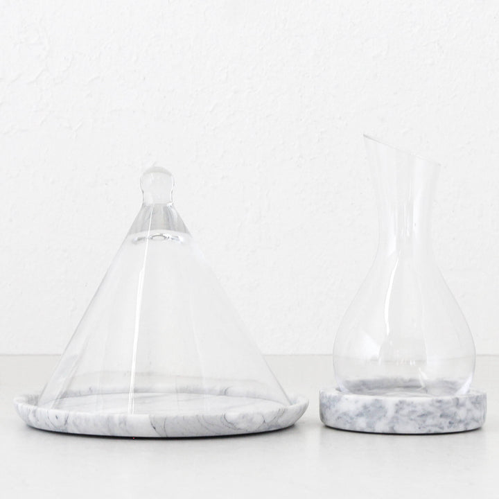 NUVOLO GLASS CONICAL DOME + DECANTER BUNDLE | ASH GREY MARBLE BASES