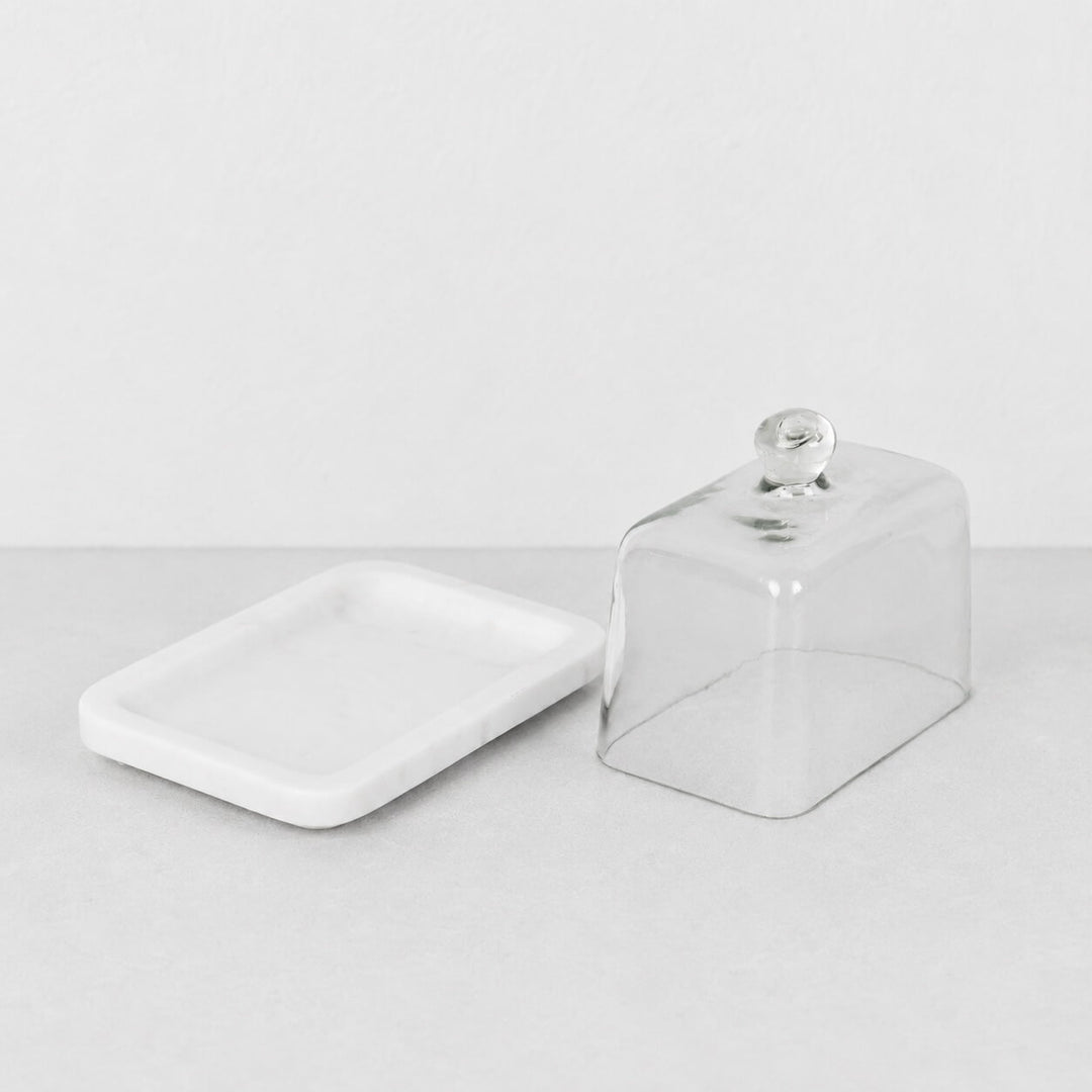 NEO RECTANGLE BUTTER DISH  |  GLASS CLOCHE + WHITE MARBLE