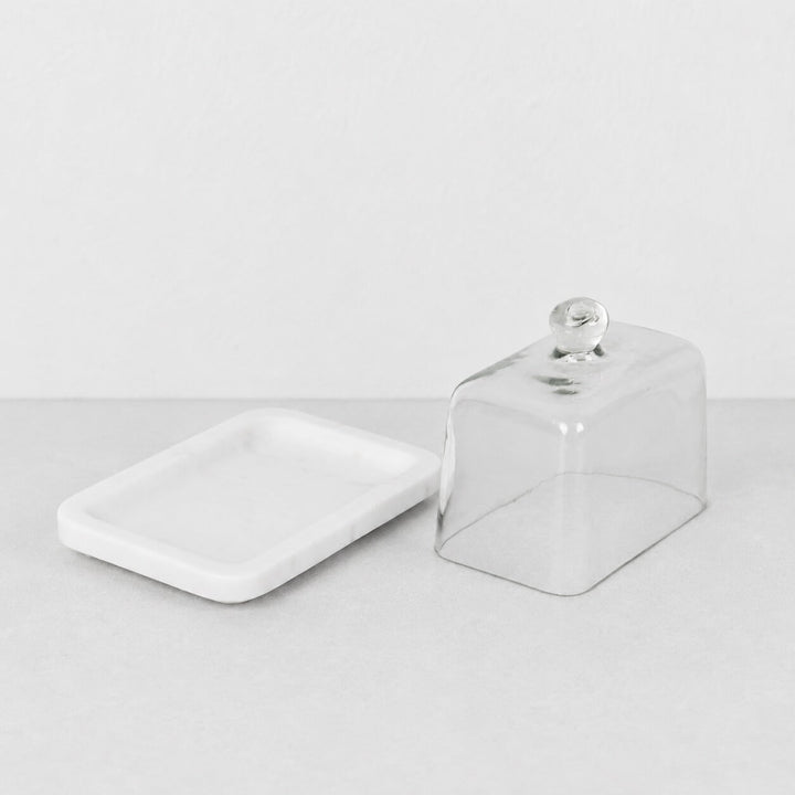 NEO RECTANGLE BUTTER DISH  |  GLASS CLOCHE + WHITE MARBLE
