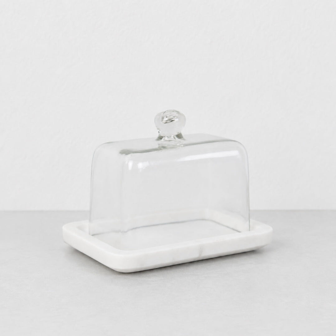 NEO RECTANGLE BUTTER DISH  |  GLASS CLOCHE + WHITE MARBLE