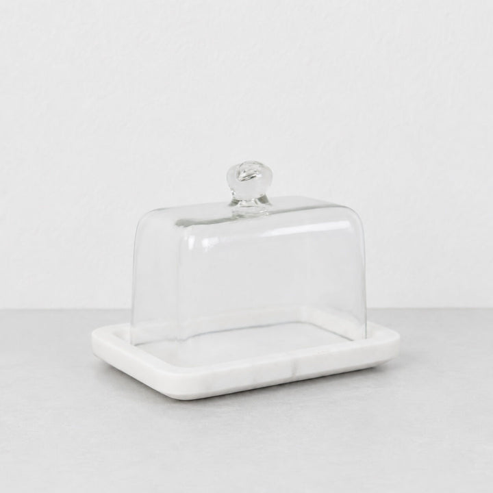 NEO RECTANGLE BUTTER DISH  |  GLASS CLOCHE + WHITE MARBLE