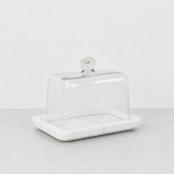 NEO RECTANGLE BUTTER DISH  |  GLASS CLOCHE + WHITE MARBLE