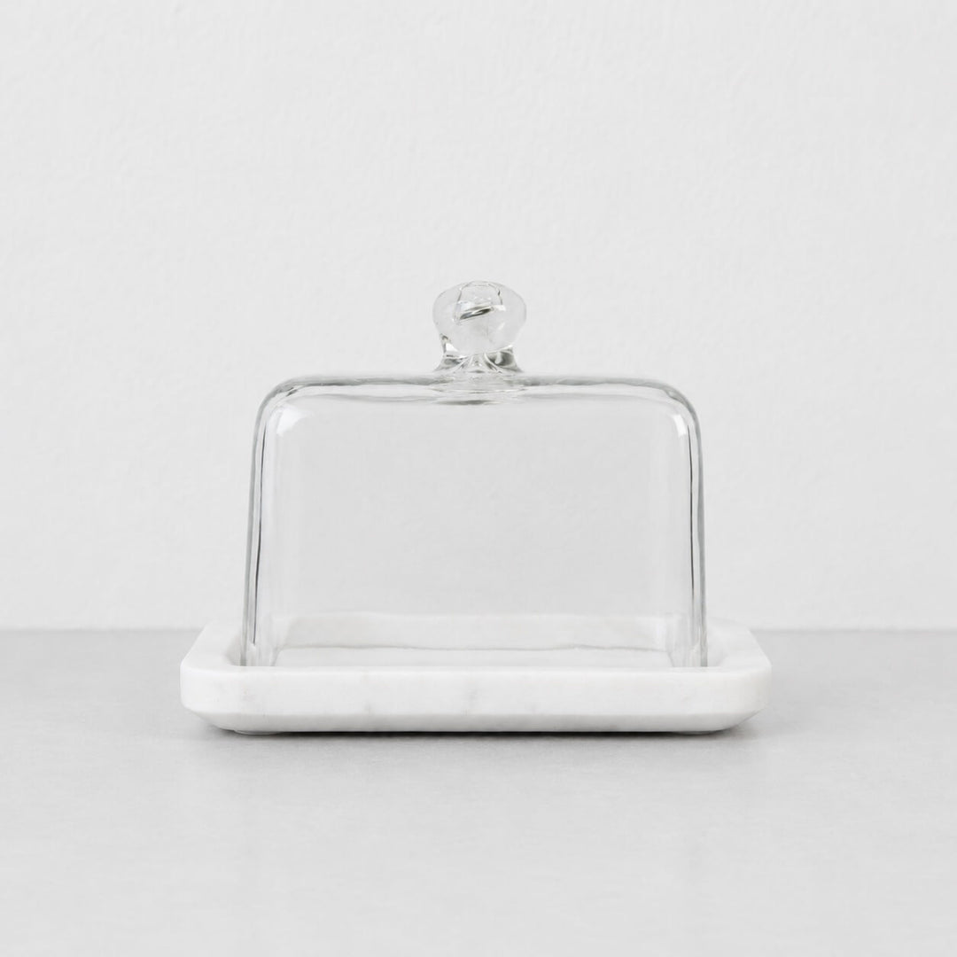 NEO RECTANGLE BUTTER DISH  |  GLASS CLOCHE + WHITE MARBLE