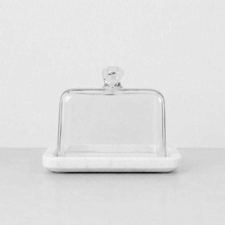 NEO RECTANGLE BUTTER DISH  |  GLASS CLOCHE + WHITE MARBLE