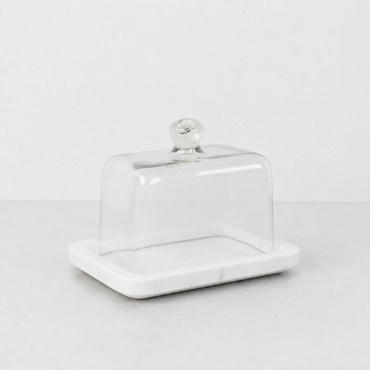 NEO RECTANGLE BUTTER DISH  |  GLASS CLOCHE + WHITE MARBLE