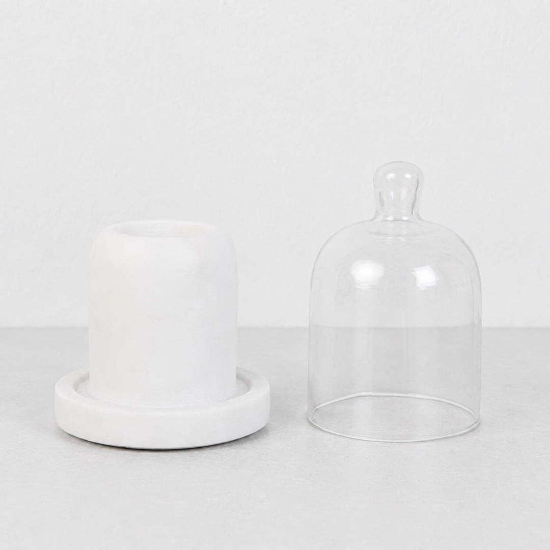 Neo Round Butter Dish  |  Glass Cloche + White Marble