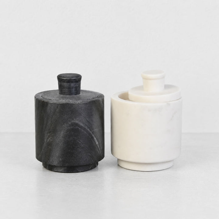 NEO SALT + PEPPER POTS  |  SET OF 2  |  WHITE + GREY MARBLE