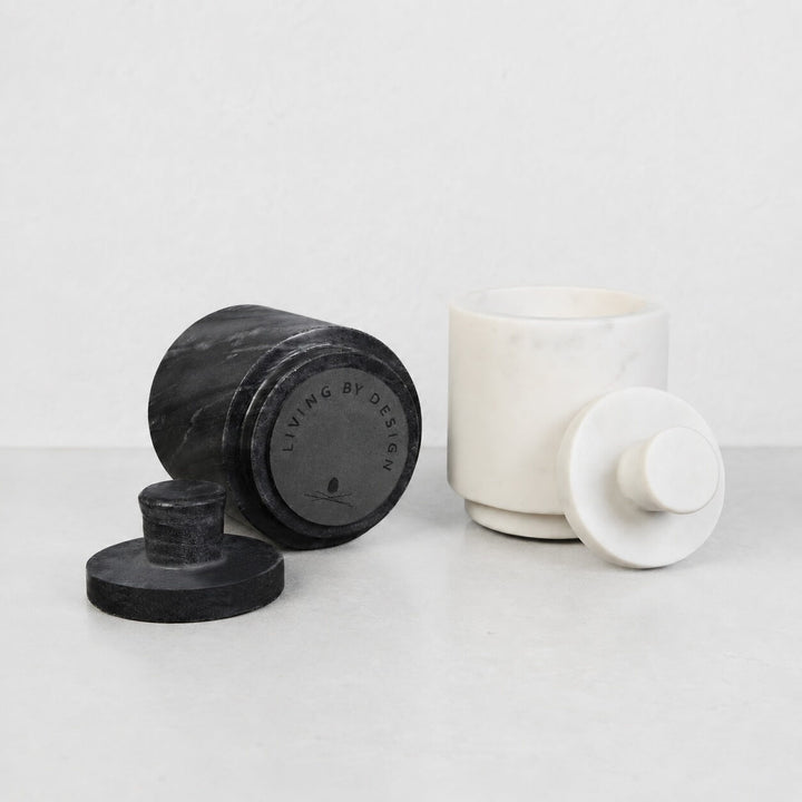 NEO SALT + PEPPER POTS  |  SET OF 2  |  WHITE + GREY MARBLE