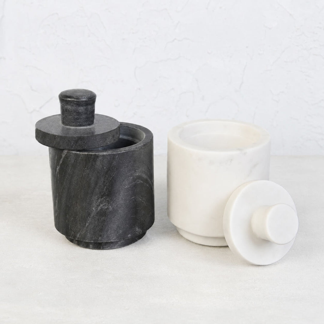NEO SALT + PEPPER POTS  |  SET OF 2  |  WHITE + GREY MARBLE