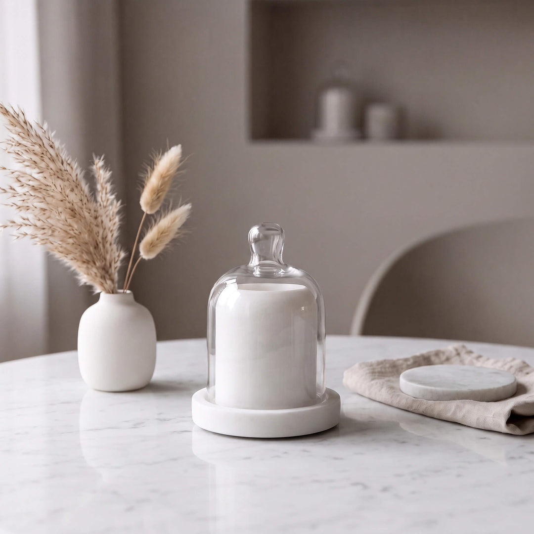 NEO ROUND BUTTER DISH  |  GLASS CLOCHE + WHITE MARBLE