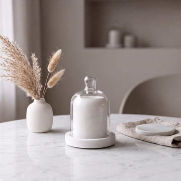 NEO ROUND BUTTER DISH  |  GLASS CLOCHE + WHITE MARBLE