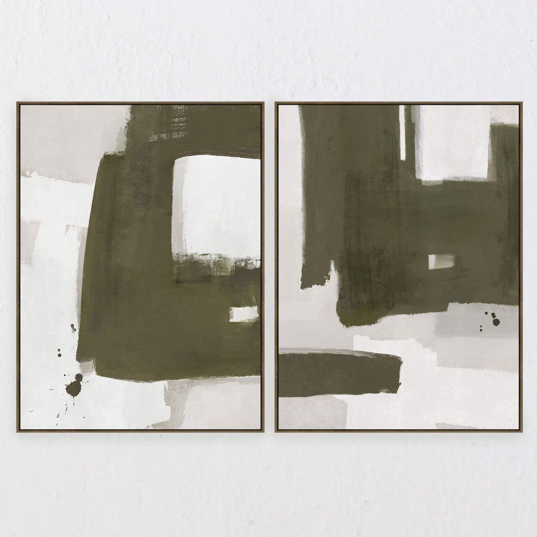 OLTEN FRAMED CANVAS PRINT |  SET OF 2  |  90X 120CM  |  OLIVE + NATURAL   |  OAK NATURAL FRAME