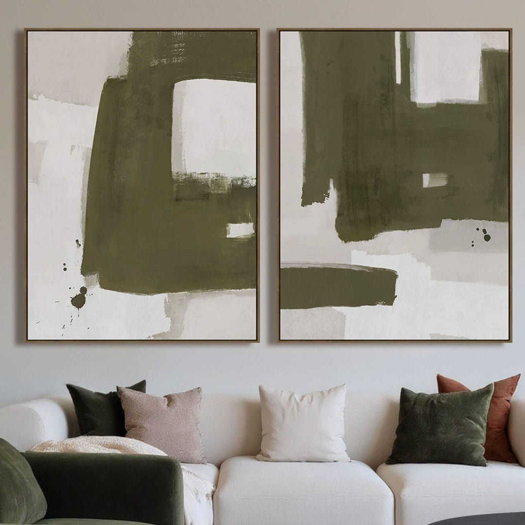 OLTEN FRAMED CANVAS PRINT |  SET OF 2  |  90X 120CM  |  OLIVE + NATURAL   |  OAK NATURAL FRAME