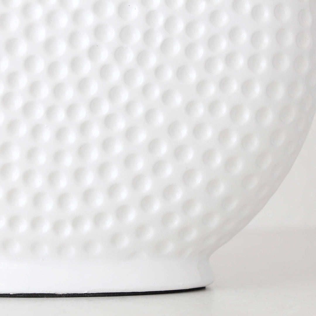 ORB PORCELAIN LAMP 46CM | WHITE + LINEN SHADE | CLOSE UP