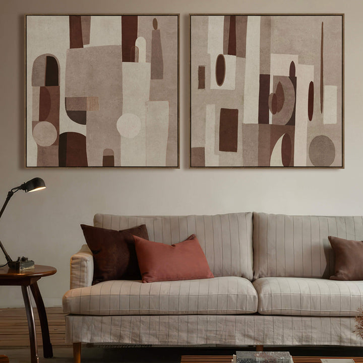 ORVIETO FRAMED TEXTURED CANVAS PRINT |  SET OF 2  |  100 X 100CM  |  RUST + TAUPE  |  OAK NATURAL FRAME