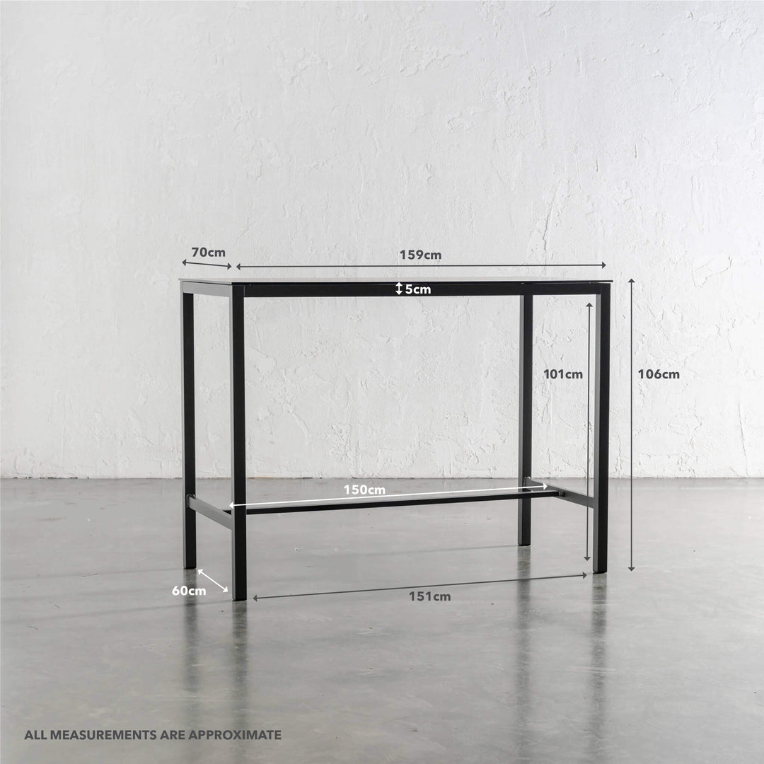 PALOMA CERAMICA INDOOR/OUTDOOR GLASS BAR TABLE | 160CM | MEASUREMENTS