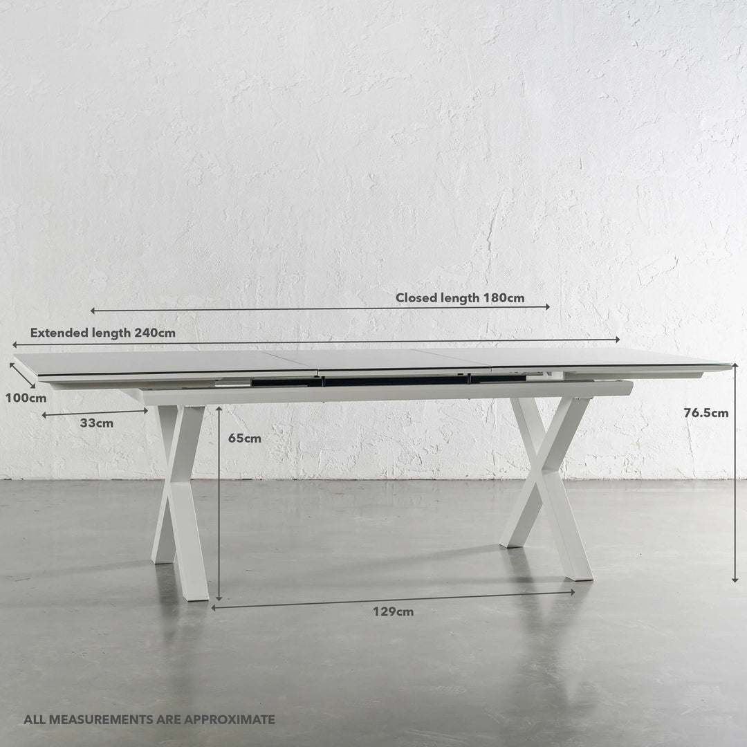 PALOMA MODERNA X LEG OUTDOOR GLASS EXTENSION DINING TABLE | WHITE ALUMINIUM | 180 - 240CM | MEASUREMENTS