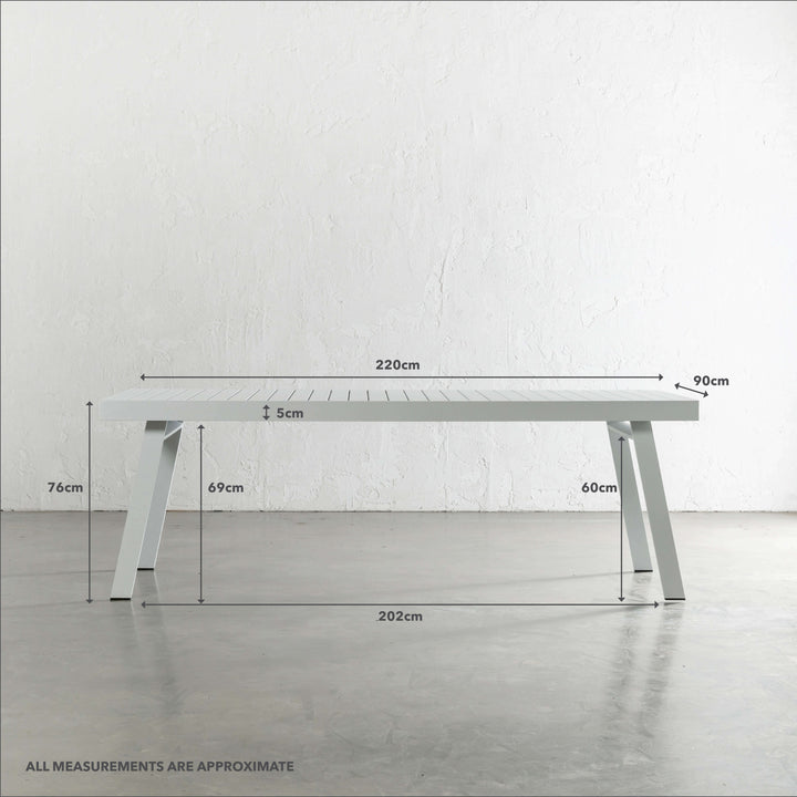 PALOMA OUTDOOR SLATTED DINING TABLE   |  WHITE ALUMINIUM  |  220CM | MEASUREMENTS