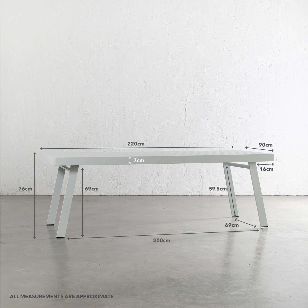 PALOMA OUTDOOR SLATTED DINING TABLE   |  WHITE ALUMINIUM  |  220CM | MEASUREMENTS