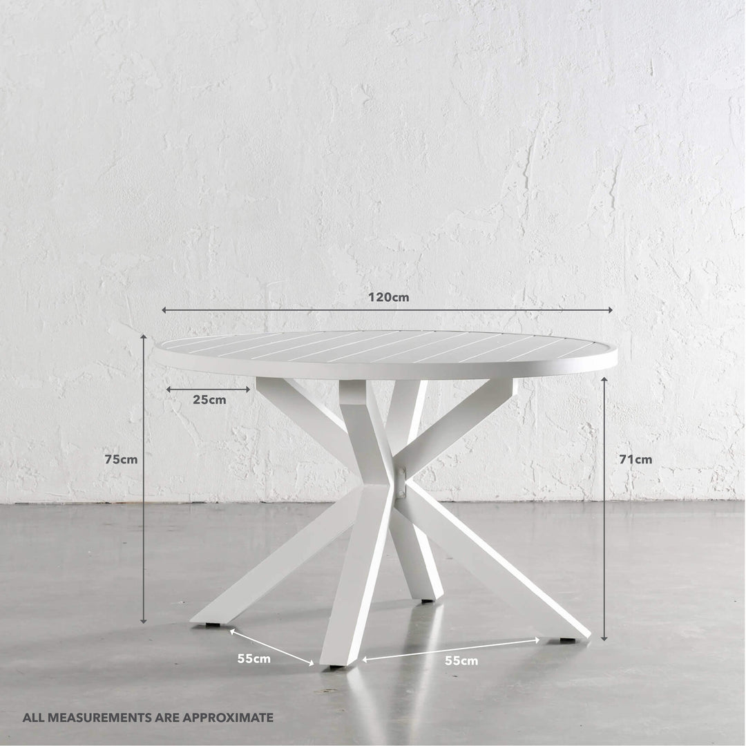 PALOMA OUTDOOR SLATTED DINING TABLE | WHITE ALUMINIUM | ROUND 120CM | MEASUREMENTS
