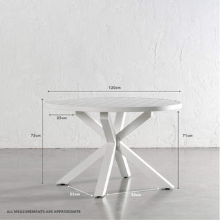 PALOMA OUTDOOR SLATTED DINING TABLE | WHITE ALUMINIUM | ROUND 120CM | MEASUREMENTS