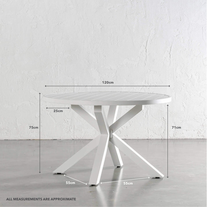 PALOMA OUTDOOR SLATTED DINING TABLE | WHITE ALUMINIUM | ROUND 120CM | MEASUREMENTS