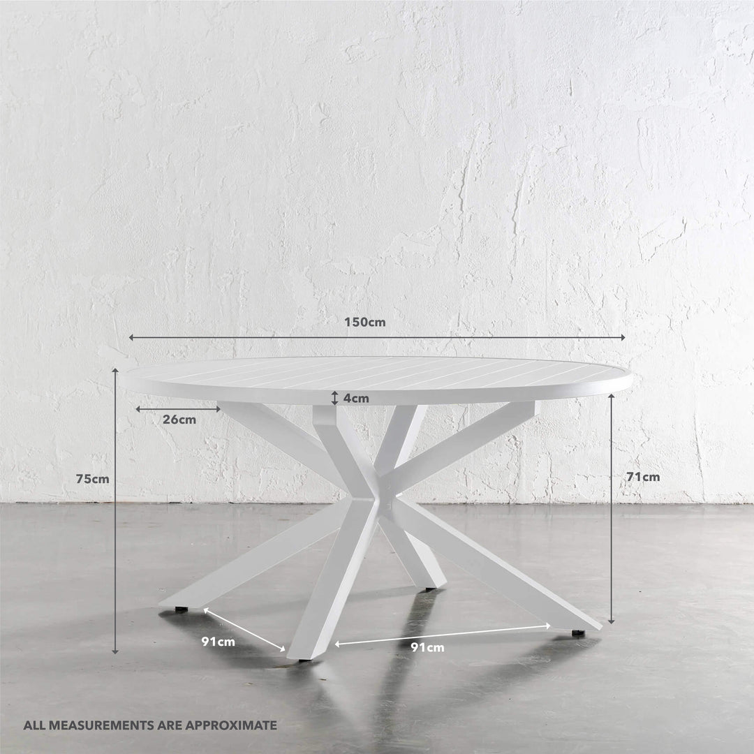 PALOMA OUTDOOR SLATTED DINING TABLE | WHITE ALUMINIUM | ROUND 150CM | MEASUREMENTS