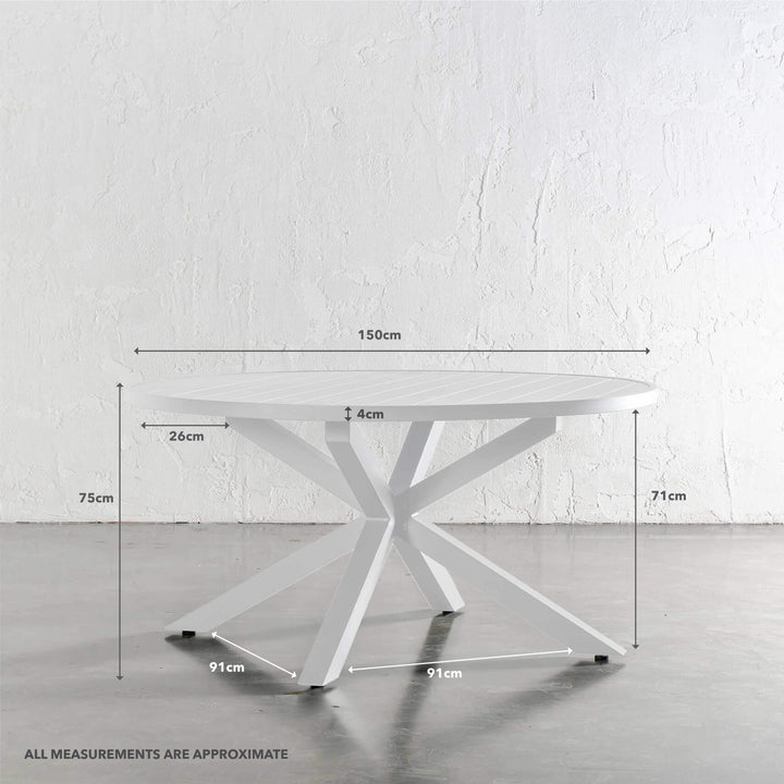 PALOMA OUTDOOR SLATTED DINING TABLE | WHITE ALUMINIUM | ROUND 150CM | MEASUREMENTS