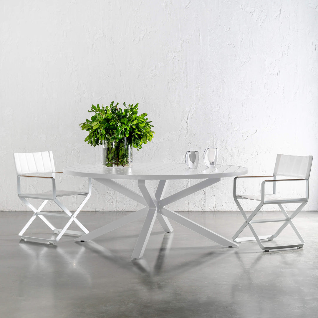 PALOMA OUTDOOR SLATTED DINING TABLE | WHITE ALUMINIUM | ROUND 180CM