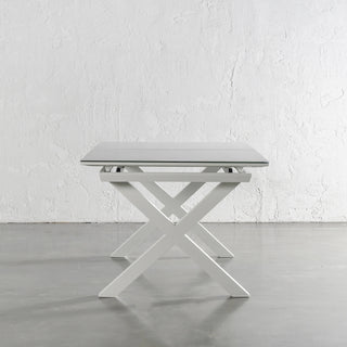 PALOMA MODERNA X LEG OUTDOOR GLASS EXTENSION DINING TABLE  |  WHITE ALUMINIUM  |  180 - 240CM