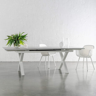 ETTA MESH WRAP INDOOR/OUTDOOR DINING CHAIR  |  GHOST WHITE + PALOMA MODERNA EXTENSION TABLE