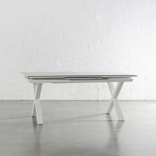 PALOMA MODERNA X LEG OUTDOOR GLASS EXTENSION DINING TABLE  |  WHITE ALUMINIUM  |  CLOSED AT 180CM
